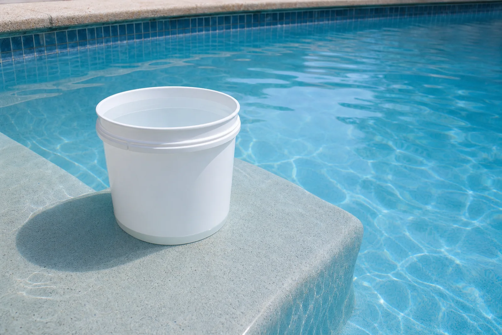 Illustrative plain bucket positioned beside a pool