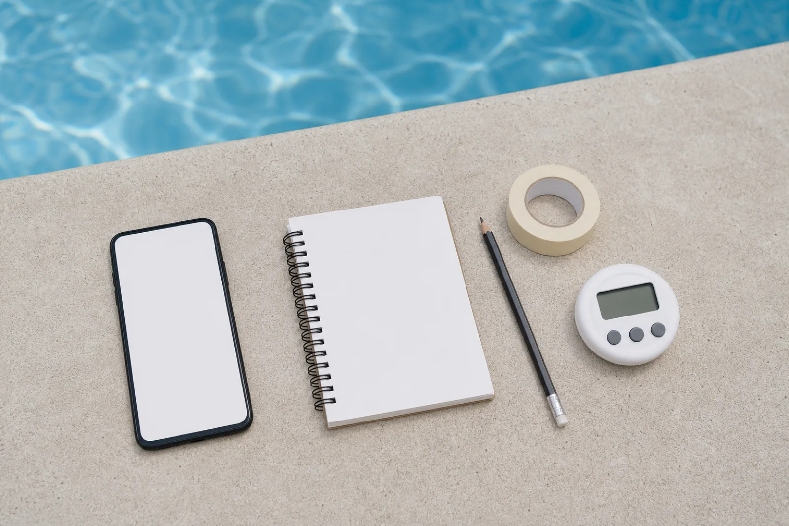 Illustrative notebook, phone, pencil, measuring tape, and timer beside a pool